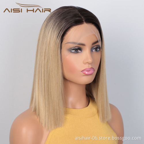 Aisi Hair Wholesale Short Ombre Blonde Dark Root Bob Wig Swiss Lace Wig Cheap Synthetic Lace Front Wigs For Black White Women
